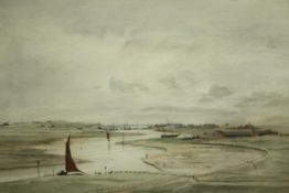 Watercolour, 19th century riverscape, framed and glazed. H.47 W.60cm.