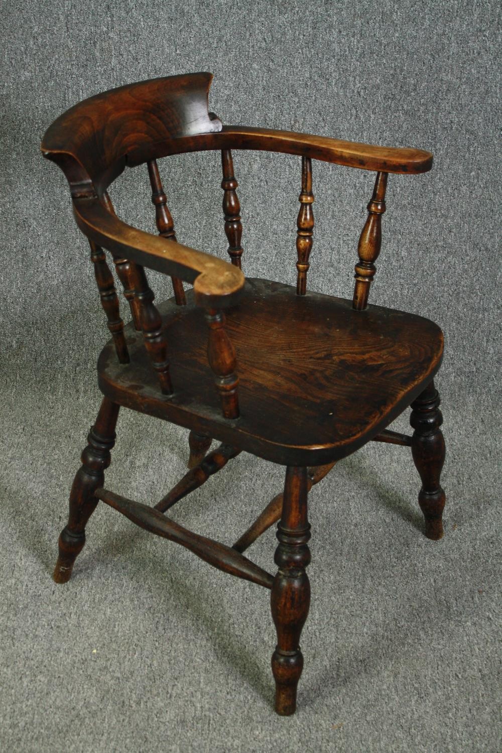 A 19th century elm smoker's bow back desk chair. - Image 2 of 5