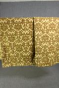 A pair of yellow velvet and silk mix fully lined curtains with scrolling foliate design. L.240 W.
