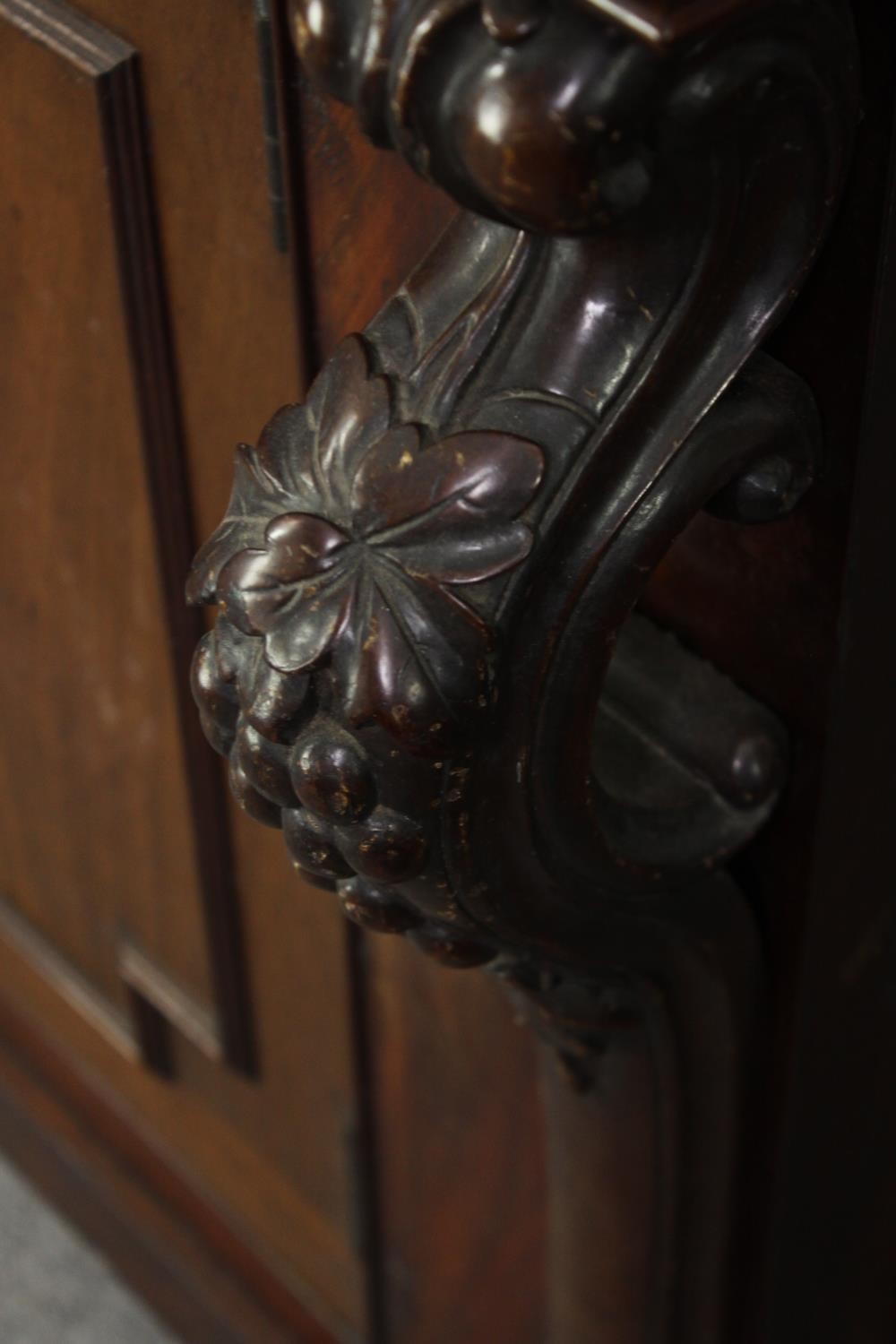 Sideboard, 19th century mahogany with central panelled doors flanked by fruit carved pilasters on - Image 8 of 9