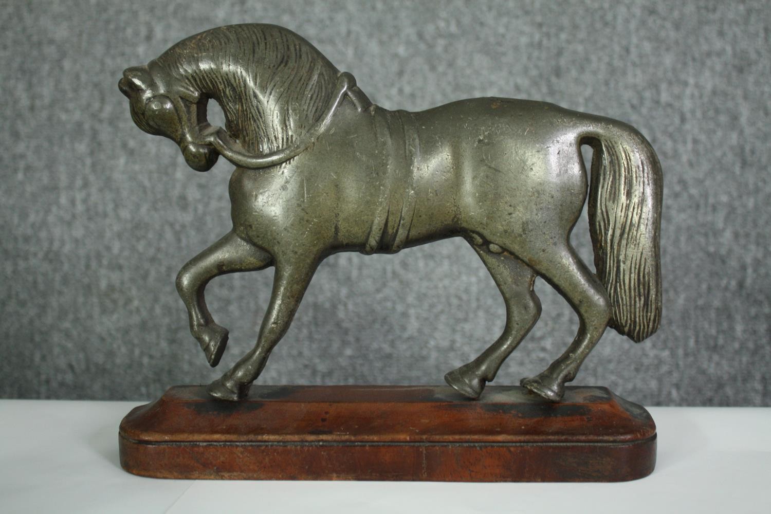 A pair of 19th century brass horse figures on wooden plinths. H.23cm. (each). - Image 2 of 6