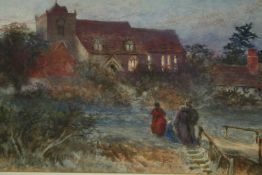Watercolour, 19th century framed and glazed, figures on a path leading to a church, initialled