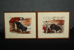 A pair of mid century watercolours, bullfighting, indistinctly signed, framed and glazed. H.38 W.