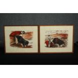 A pair of mid century watercolours, bullfighting, indistinctly signed, framed and glazed. H.38 W.