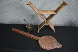 Bellows, a folding bamboo stool and a bronze saucepan. L.82cm. (largest).