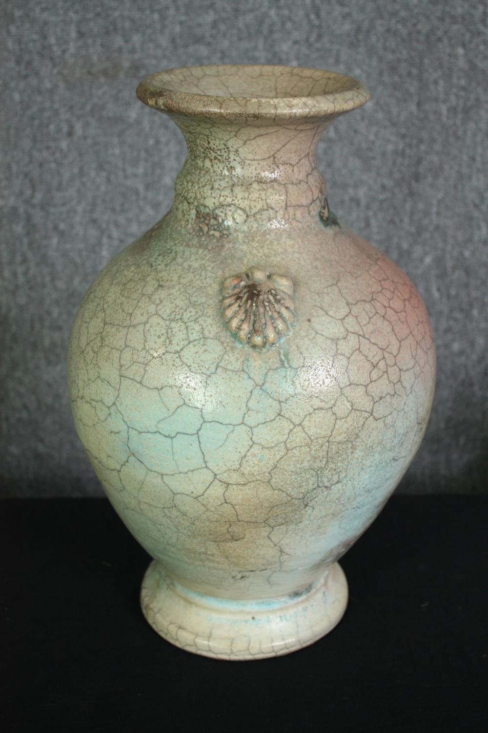 A large oriental peach and turquoise crackle glaze vase with signature to base, raised handles. H. - Image 5 of 7