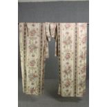 A pair of fully lined silk mix curtains with floral design along with tie backs. L.224 W.257cm. (