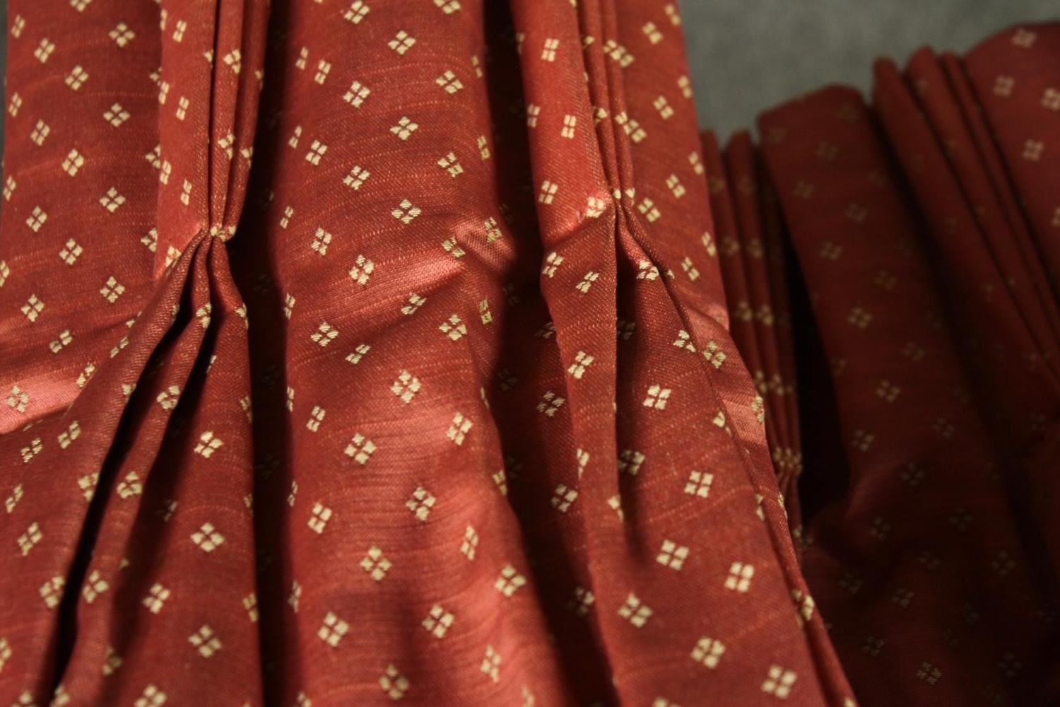Two pairs of fully lined rust coloured curtains with gold diamond pattern. L.240 W.350cm. (each). - Image 4 of 5