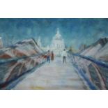 A framed pastel, initialled with exhibition label to the reverse, Elizabeth James, Millenium Bridge.