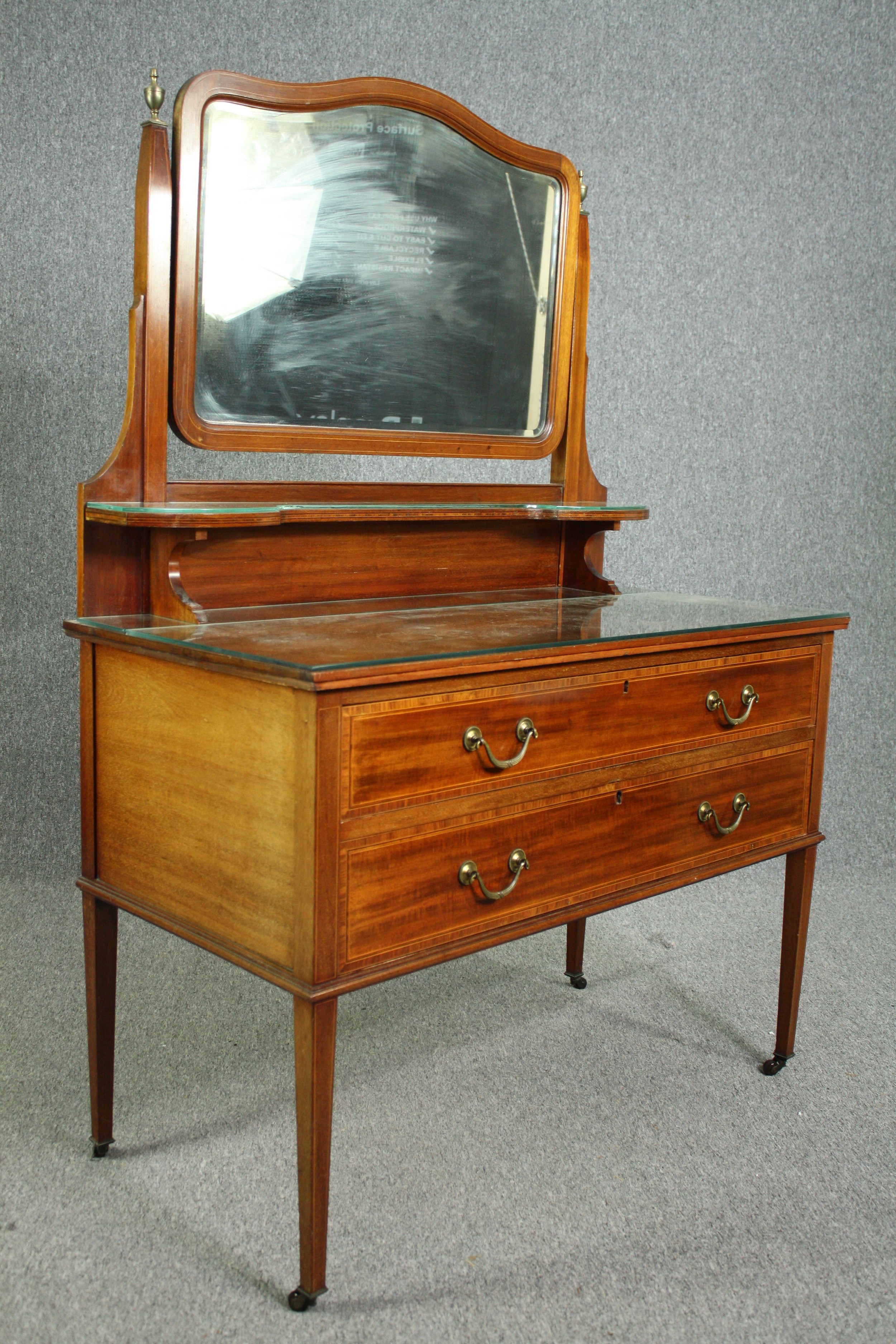 Dressing table, Edwardian mahogany and satinwood inlaid with plate glass protective top. H.154 W.104 - Image 10 of 10