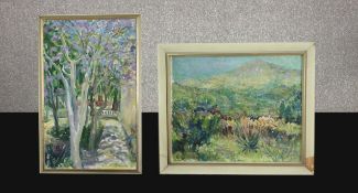 Oil on canvas, mountainous landscape, signed Vicky Penfold. H.70 W.83cm along with a similar