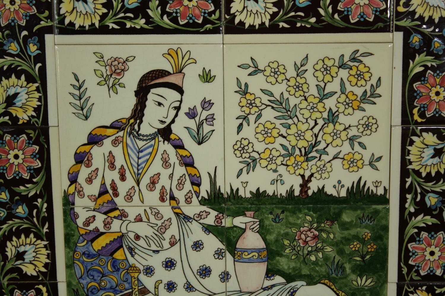 A ceramic tile work on board, classical style figure in a garden. H.46 W.46cm. - Image 2 of 3