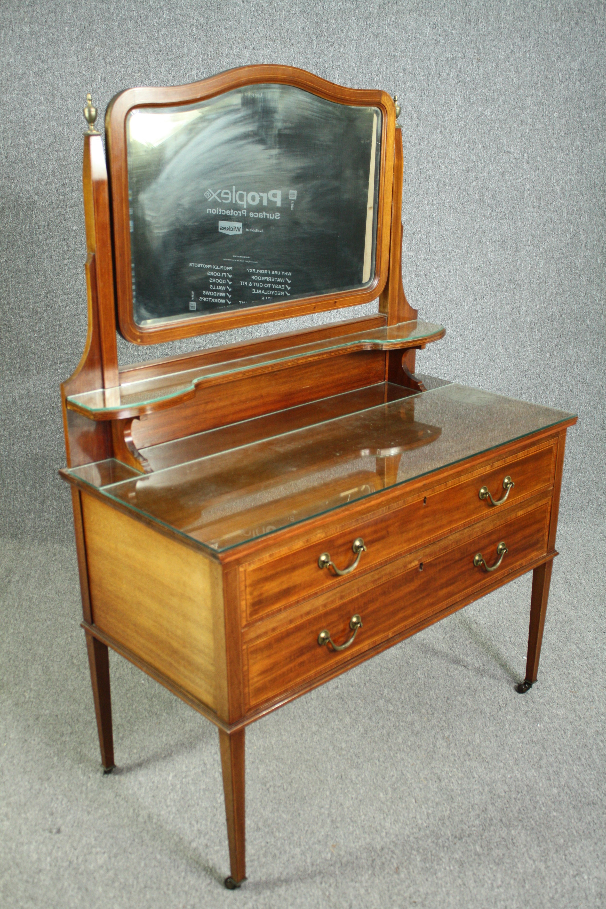 Dressing table, Edwardian mahogany and satinwood inlaid with plate glass protective top. H.154 W.104 - Image 9 of 10