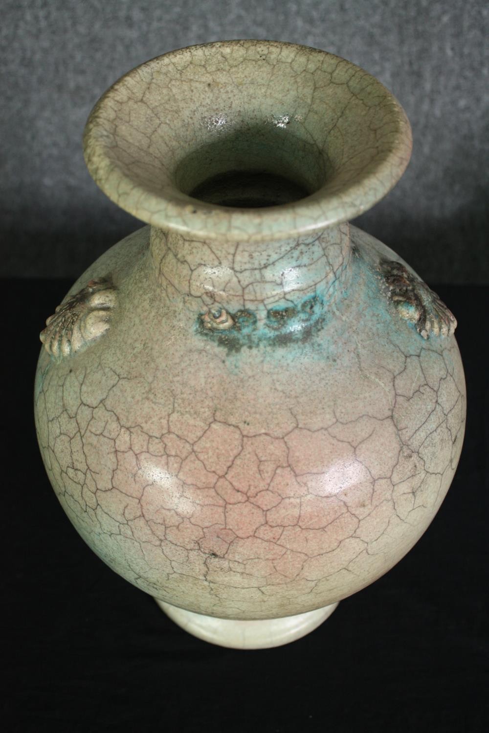 A large oriental peach and turquoise crackle glaze vase with signature to base, raised handles. H. - Image 3 of 7