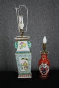 Two table lamps, early 20th century Chinese Famille Rose and Japanese Imari. H.53cm. (Largest).