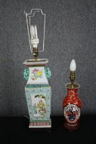 Two table lamps, early 20th century Chinese Famille Rose and Japanese Imari. H.53cm. (Largest).