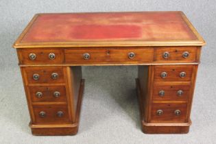 Pedestal desk, mid 19th century mahogany in three sections with inset leather top. H.75 W.122 D.