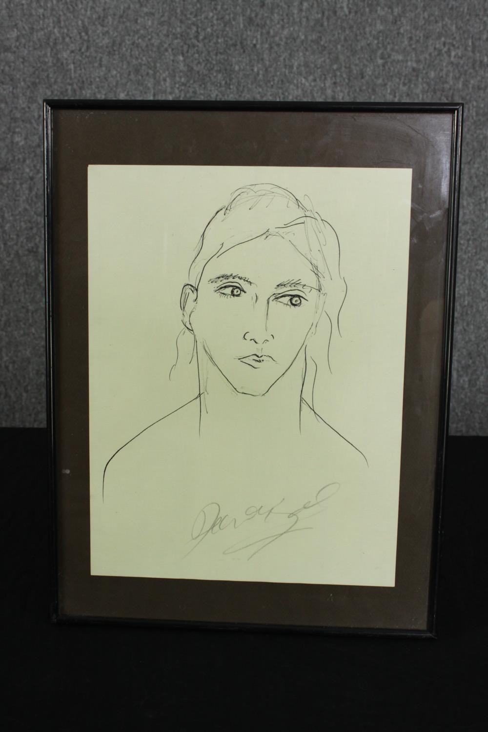 A framed and glazed pencil and ink portrait, indistinctly signed. H.40 W.30cm. - Image 2 of 4