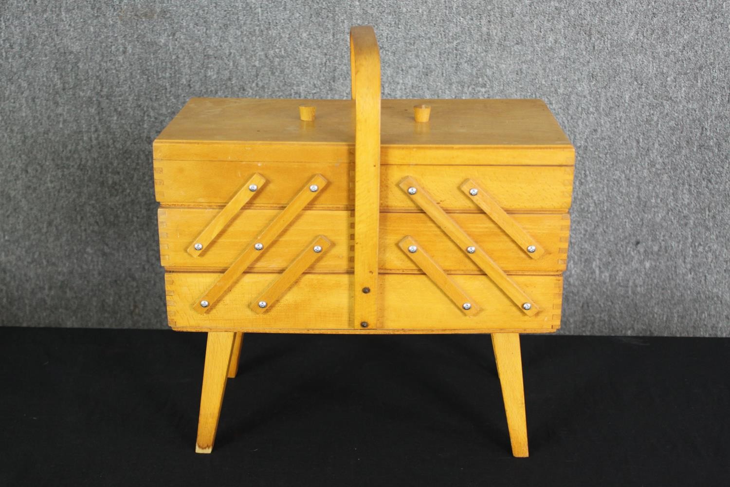 Sewing box, mid century beech. H.45 W.43 D.24cm.