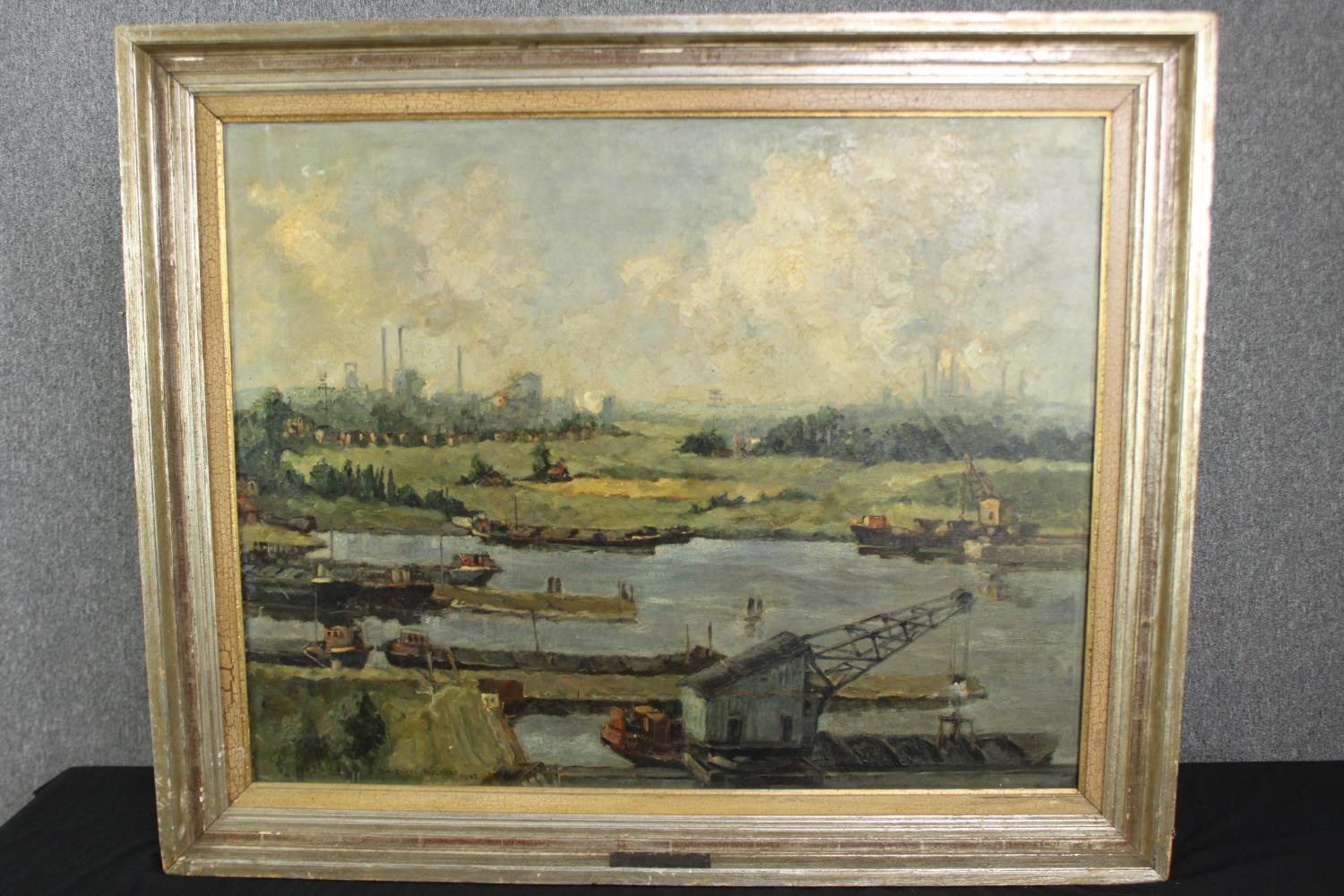 Oil on canvas, mid century German, possibly Rhine barges, unsigned. H.93 W.112cm. - Image 2 of 7