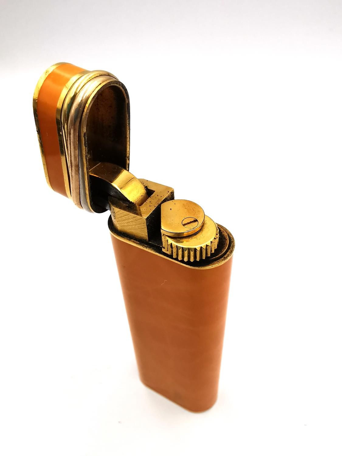 Cartier Must de Cartier lighter with three colour gold plated bands and orange marbled finish. - Image 7 of 7