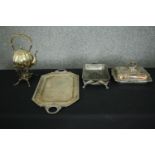 A collection of silver plate: a 19th century spirit kettle, a tray and two tureens. L.58 W.30cm. (