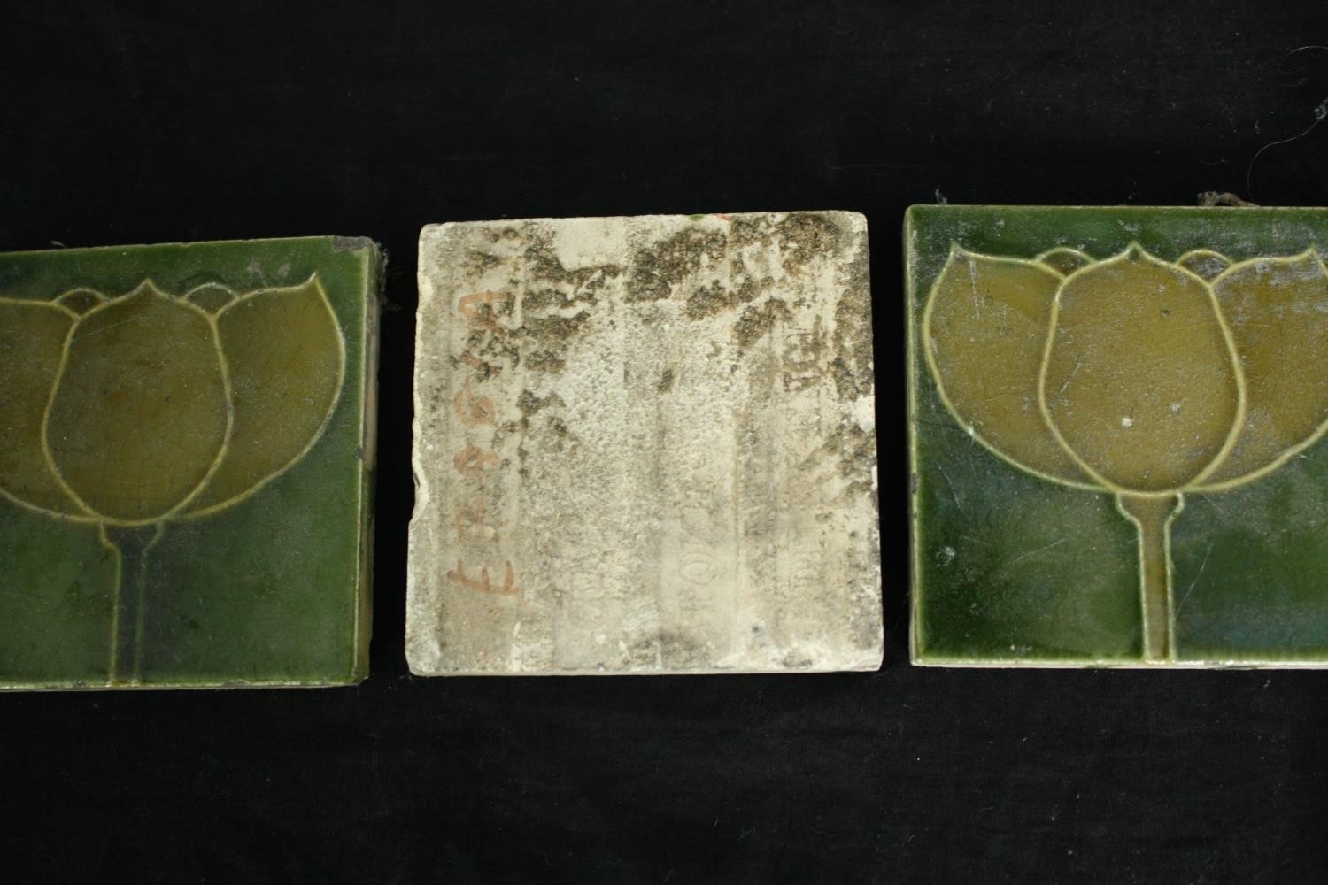 Three 19th century Art Nouveau tiles, three framed decorative tiles and a cased geometry set. L. - Image 6 of 8
