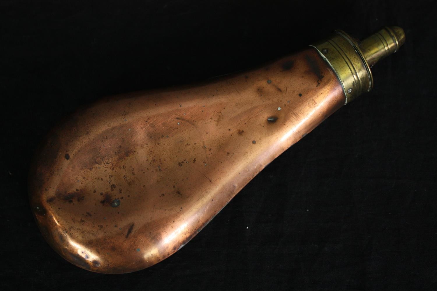 Two 19th century copper and brass shot flasks. L.20cm. (largest). - Image 6 of 9