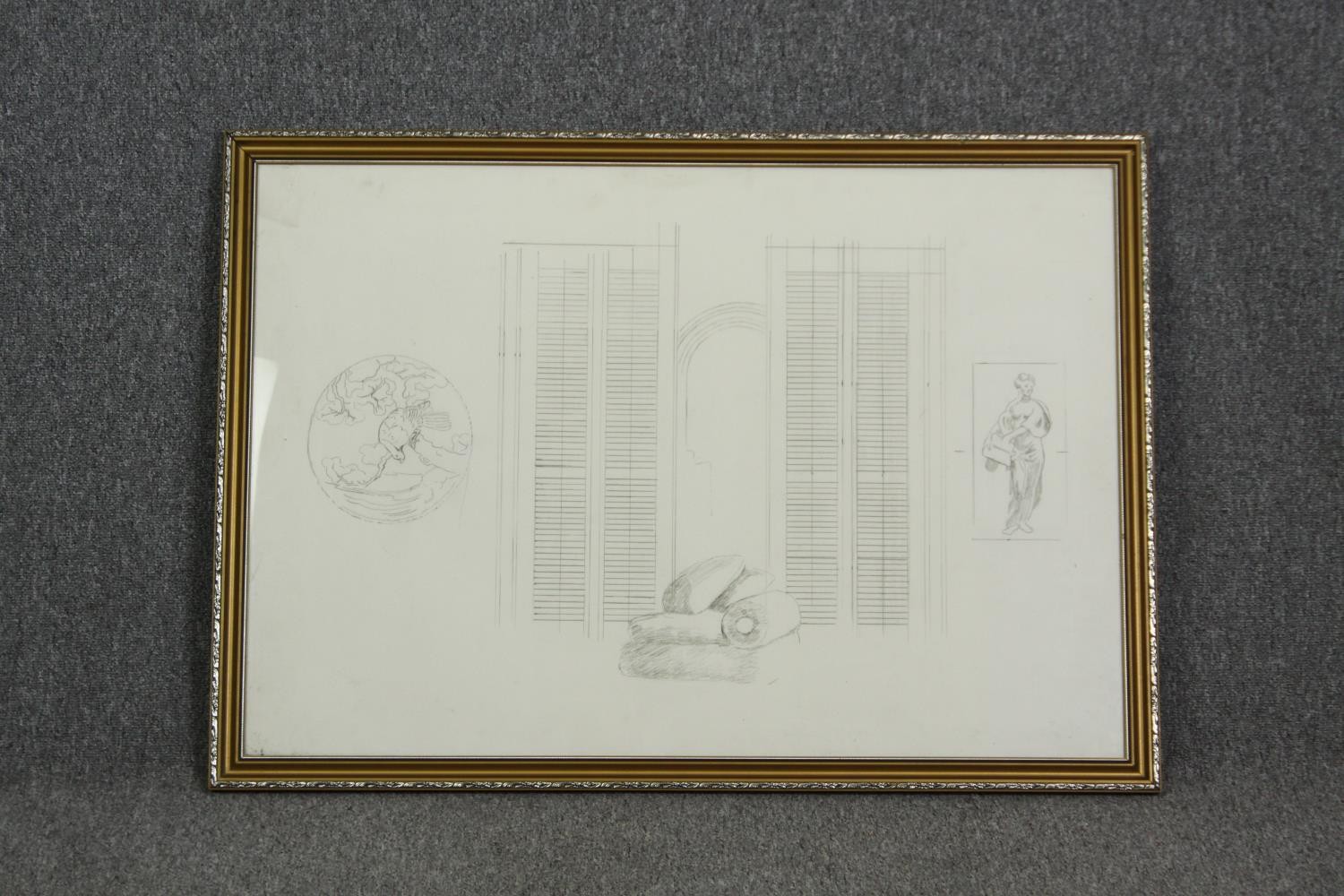 A large framed and glazed pencil drawing of a room interior, unsigned but from the studio of - Image 2 of 3