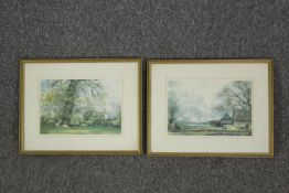 A pair of watercolours, country landscapes, signed C J Thornton, framed and glazed. H.31 W.40cm. (