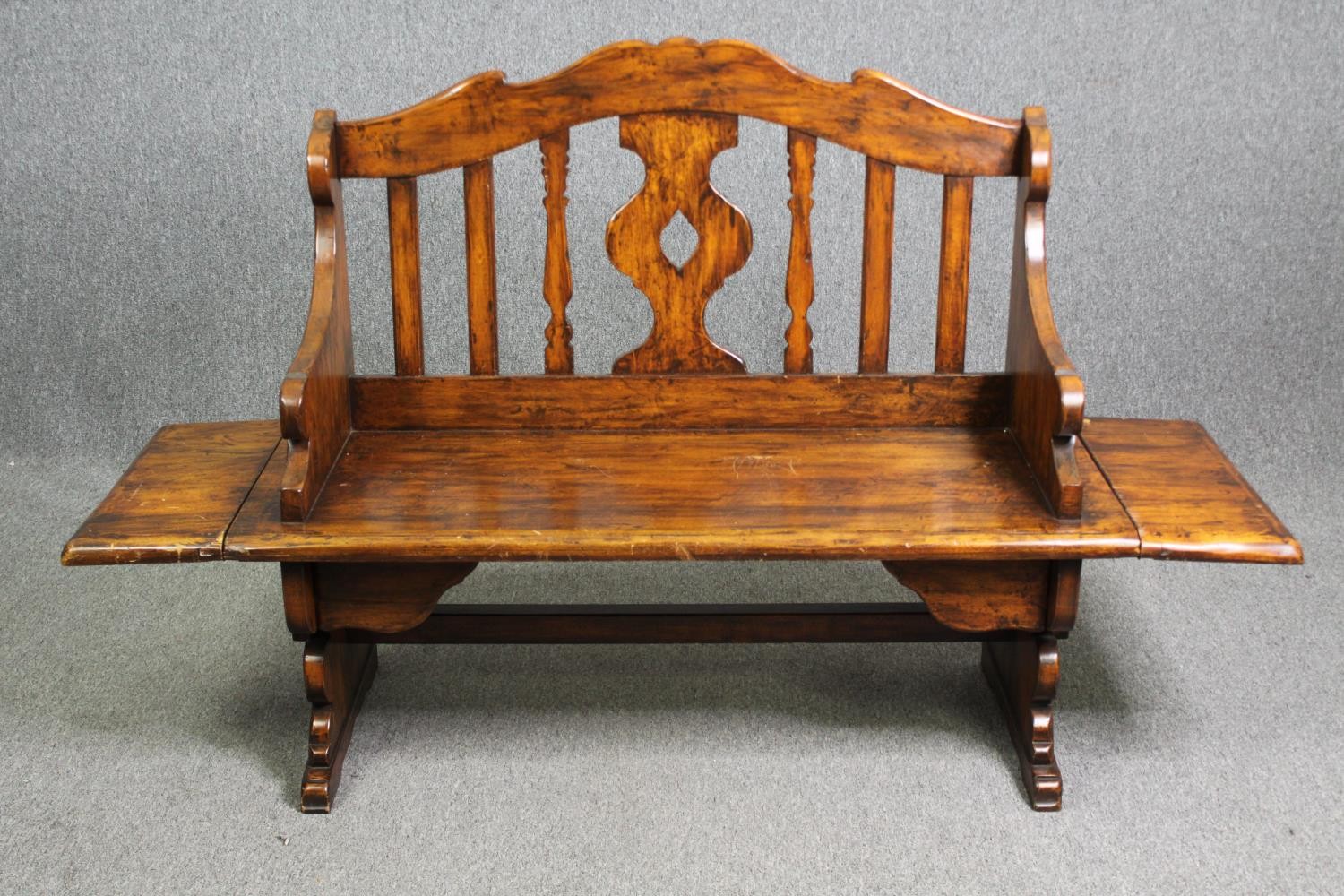 A Continental walnut bench with (unusual) drop flaps to each end. H.105 W.107 D.51cm. - Image 3 of 7