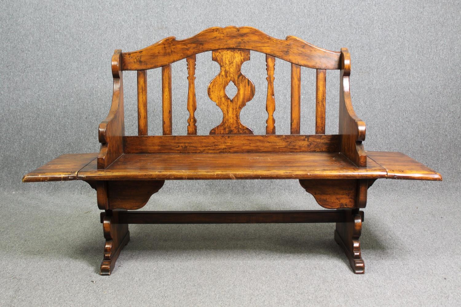 A Continental walnut bench with (unusual) drop flaps to each end. H.105 W.107 D.51cm. - Image 4 of 7