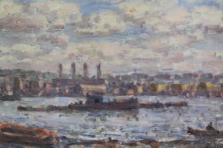 Frank Spencer Curtis Budgen, (1882-1971), oil on board, Thames nr Woolwich, signed. H.26 W.53cm.