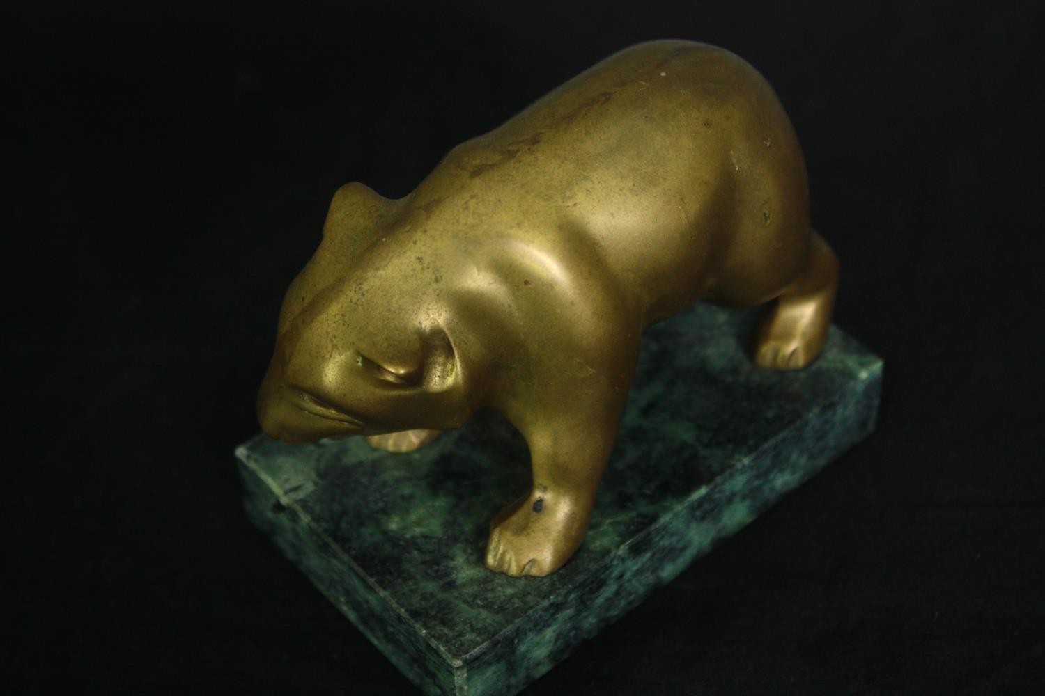 A pair of bronze Foo dogs, ceramic Foo dog bookends and a pair of gilt metal bears on marble - Image 6 of 9