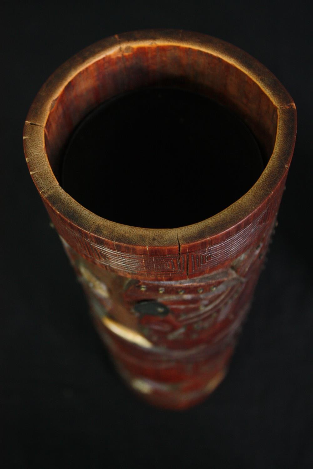 Two carved brush pots and a carved bowl. H.36cm. (largest). - Image 8 of 11