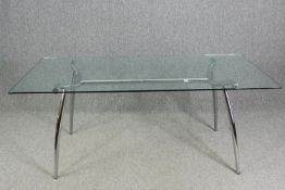 Dining table, contemporary chrome and plate glass. H.73 W.180 D.90cm.