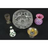 A vintage cut glass fruit bowl along with other glass items. Dia.25cm. (largest).