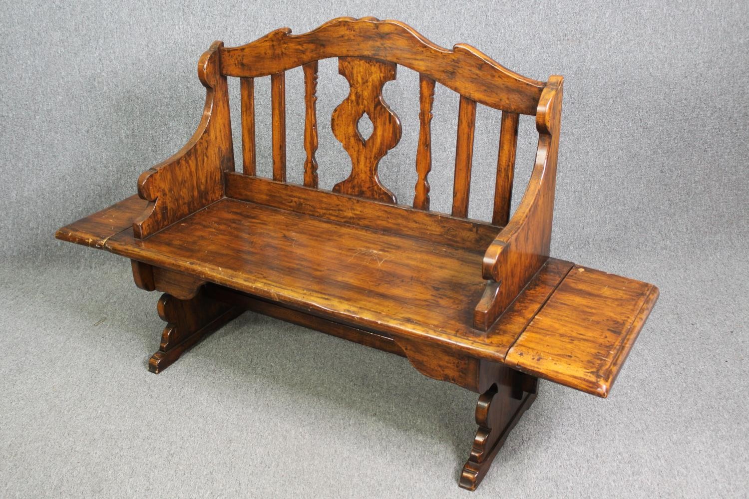 A Continental walnut bench with (unusual) drop flaps to each end. H.105 W.107 D.51cm. - Image 5 of 7