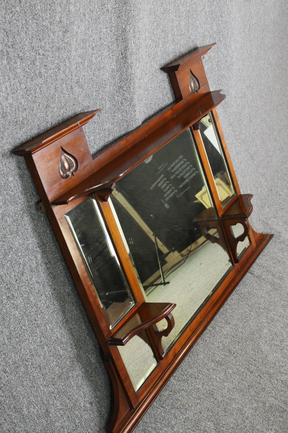 Overmantel mirror, late 19th century walnut with Art Nouveau copper inset motifs. H.84 W.122cm. - Image 2 of 7