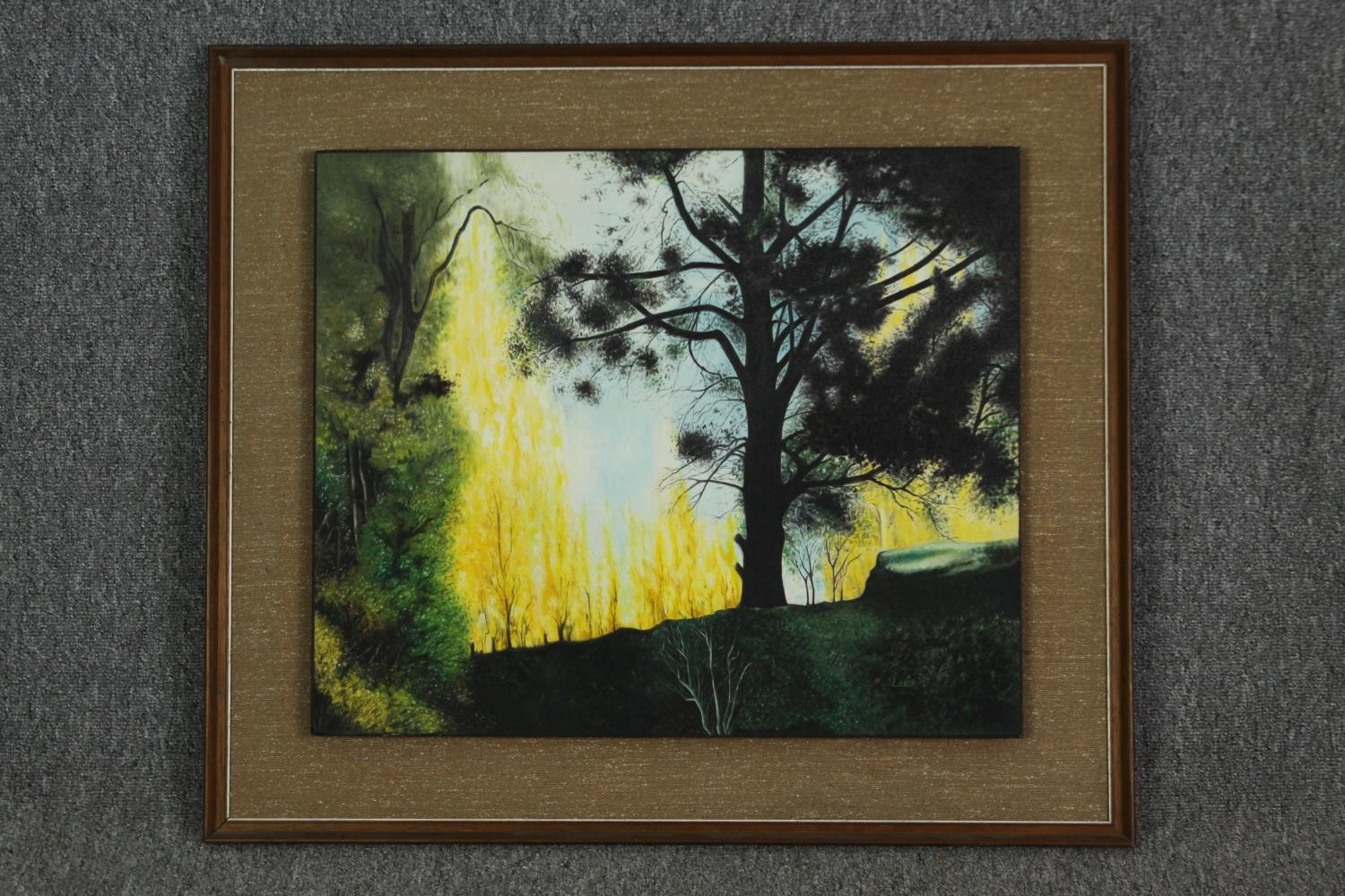 Oil on board. mid century, tree in silhouette to the foreground, signed Lee. H.70 W.80cm. - Image 2 of 4