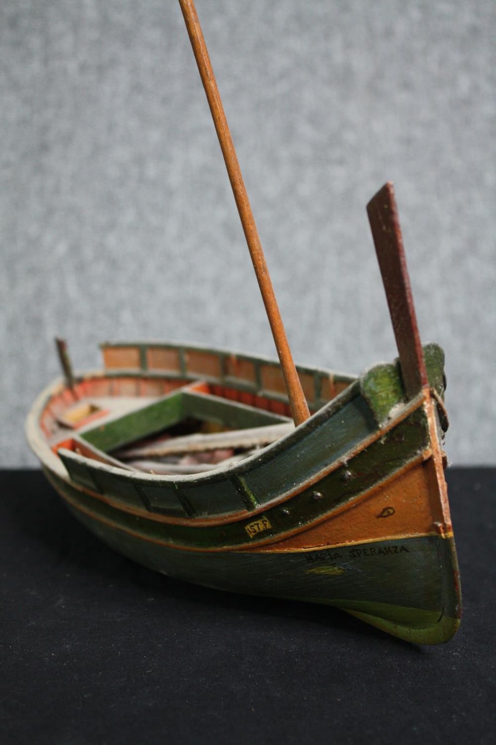 A 1920's vintage hand decorated figure and a scratch built model of a fishing boat. H.29 W.37cm. ( - Image 5 of 8