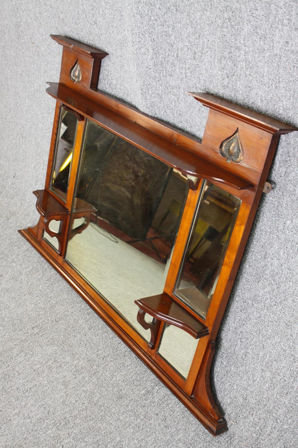 Overmantel mirror, late 19th century walnut with Art Nouveau copper inset motifs. H.84 W.122cm. - Image 3 of 7