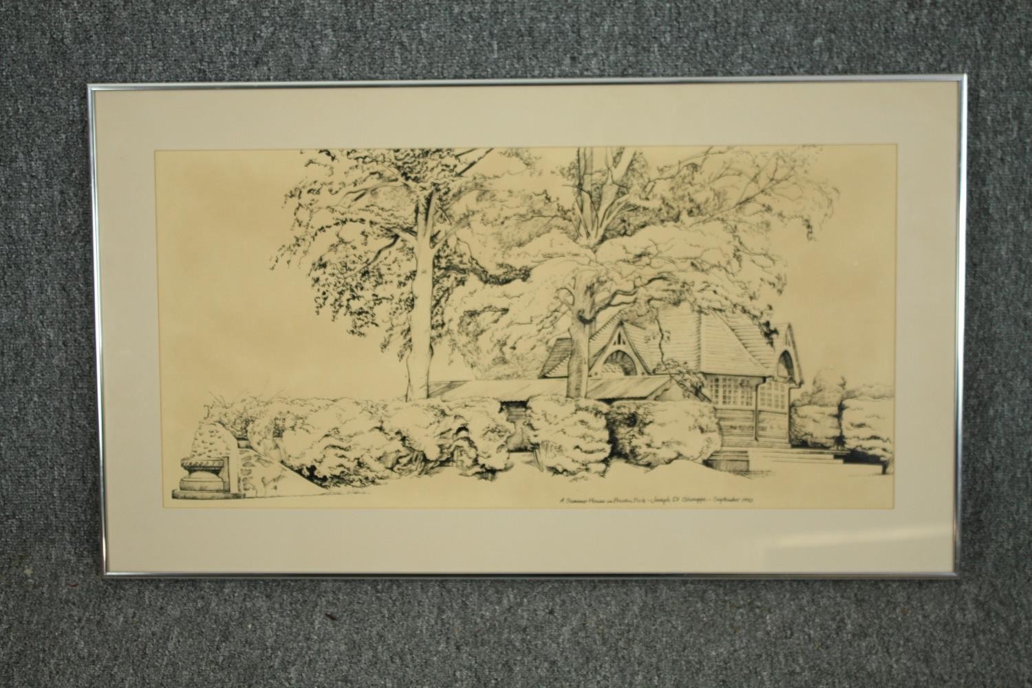 Ink drawing, a house amongst trees, signed, dated and titled, framed and glazed. H.49 W.86cm. - Image 2 of 5