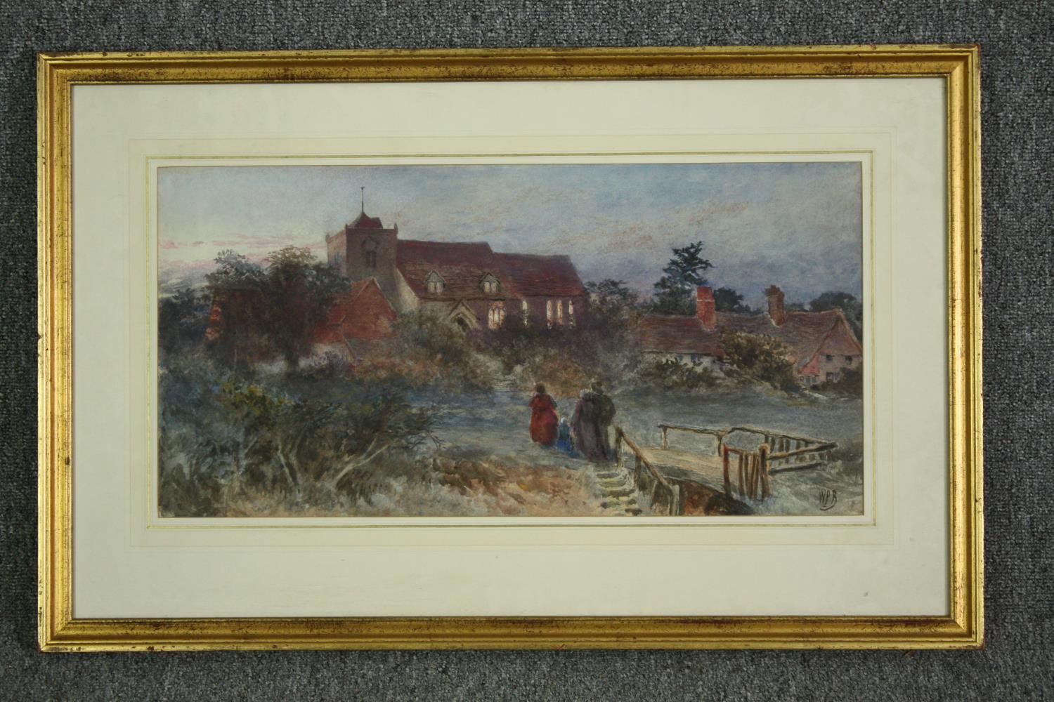 Watercolour, 19th century framed and glazed, figures on a path leading to a church, initialled - Image 2 of 5