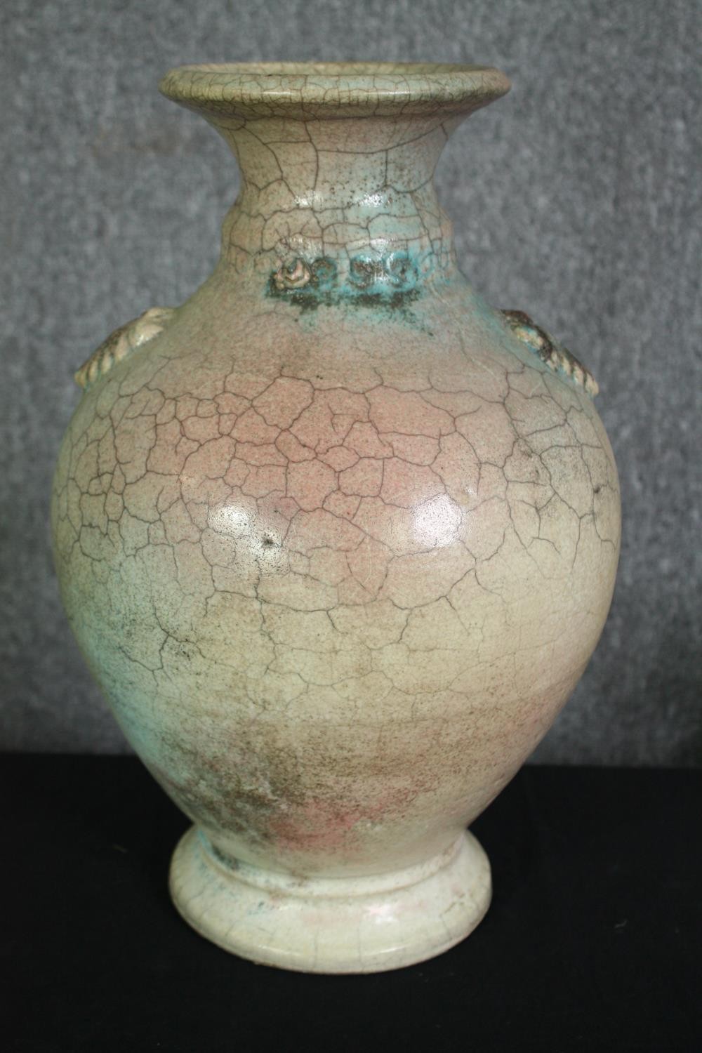 A large oriental peach and turquoise crackle glaze vase with signature to base, raised handles. H. - Image 2 of 7