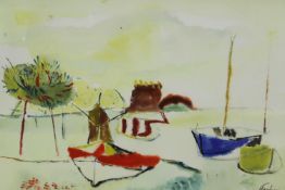 Watercolour, mid century, fishing boats, signed, framed and glazed. H.50 W.70cm.