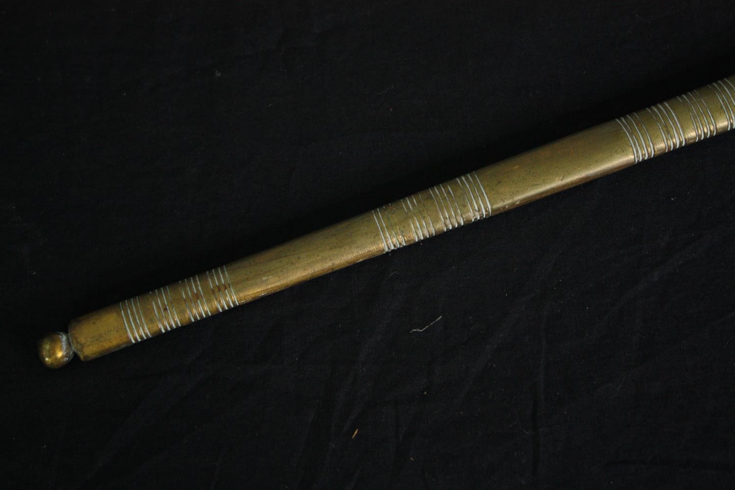 A 19th century officer's dress sword with dress knot and etched blade in brass mounted leather - Image 4 of 6
