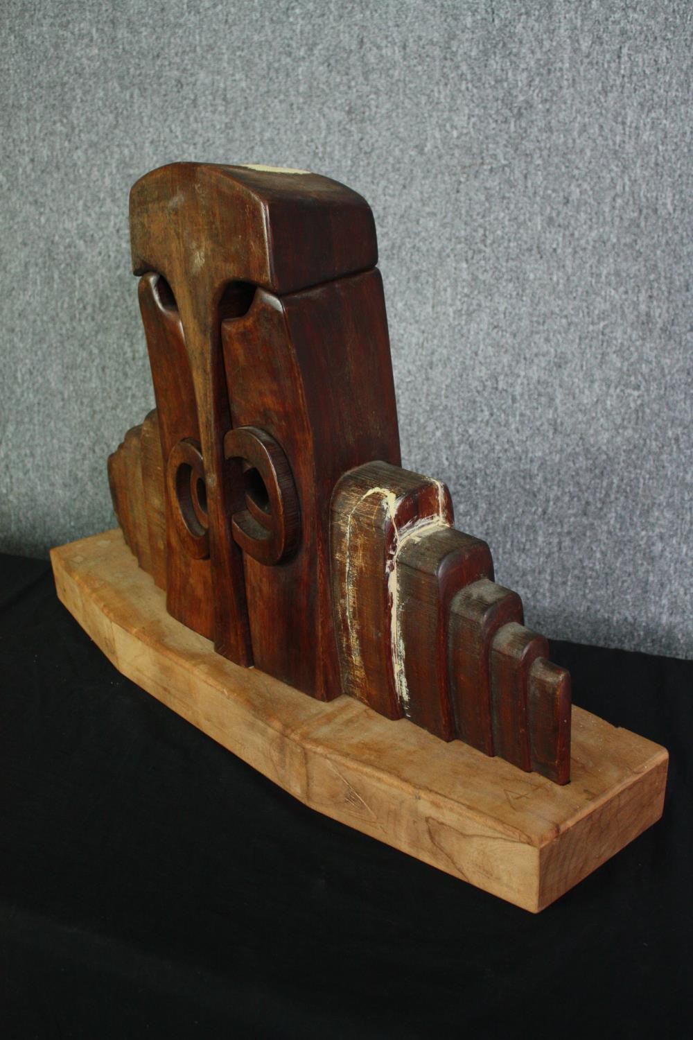 A carved hardwood abstract figure group. H.54 W.80 D.21cm. - Image 3 of 7