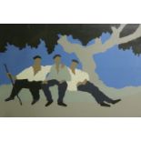 A framed and glazed limited edition lithograph, three men seated on a bench, signed and numbered,