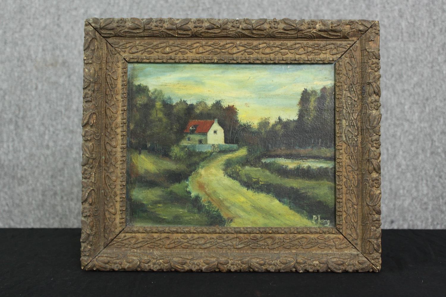 Oil on panel, country cottage in wooded area, signed lower right, framed. H.34 W.40cm. - Image 2 of 4